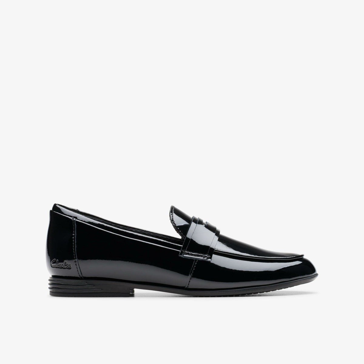 Clarks Finja Bright Older Black Patent