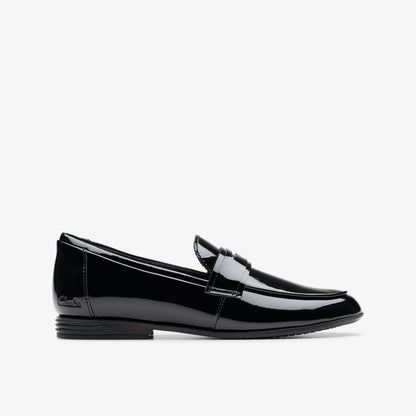 Clarks Finja Bright Older Black Patent