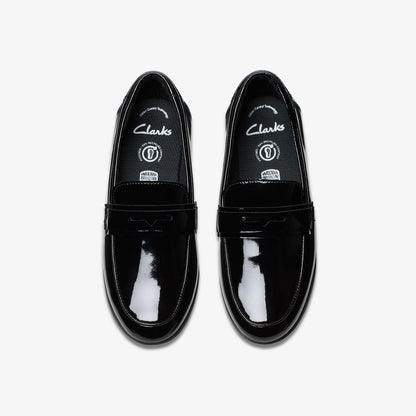Clarks Finja Bright Older Black Patent