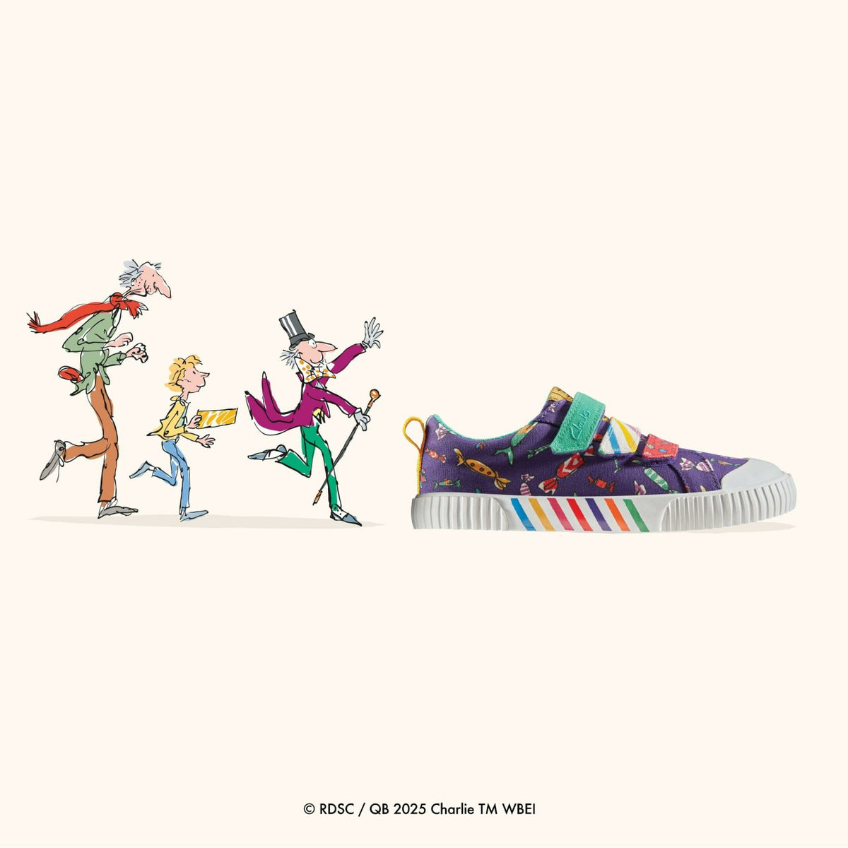 Clarks Roald Dahl Charlie & the Chocolate Factory Foxing Mix Kid Purple Canvas