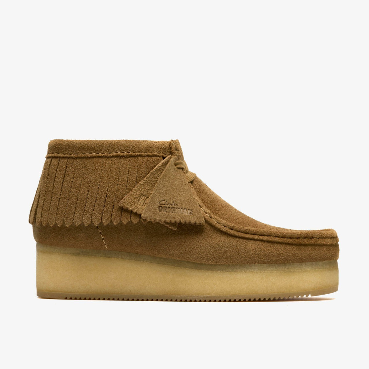 Clarks Wallabee Wedge Fringe Light Tan Suede