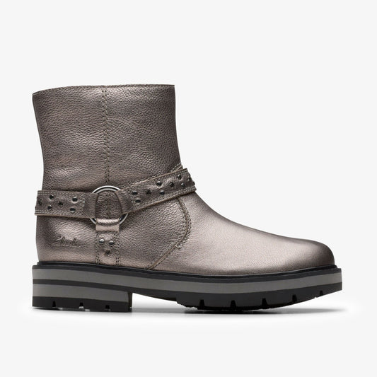 Clarks Prague Shine Kid Pewter Metallic