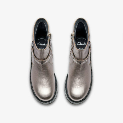 Clarks Prague Shine Kid Pewter Metallic